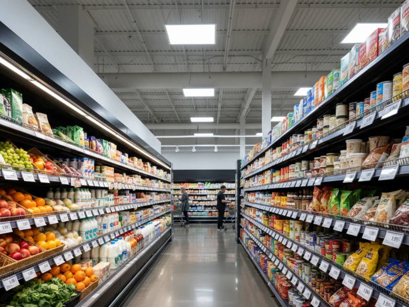 A modern grocery supermarket aisle with electronic shelf labels attached to shelves